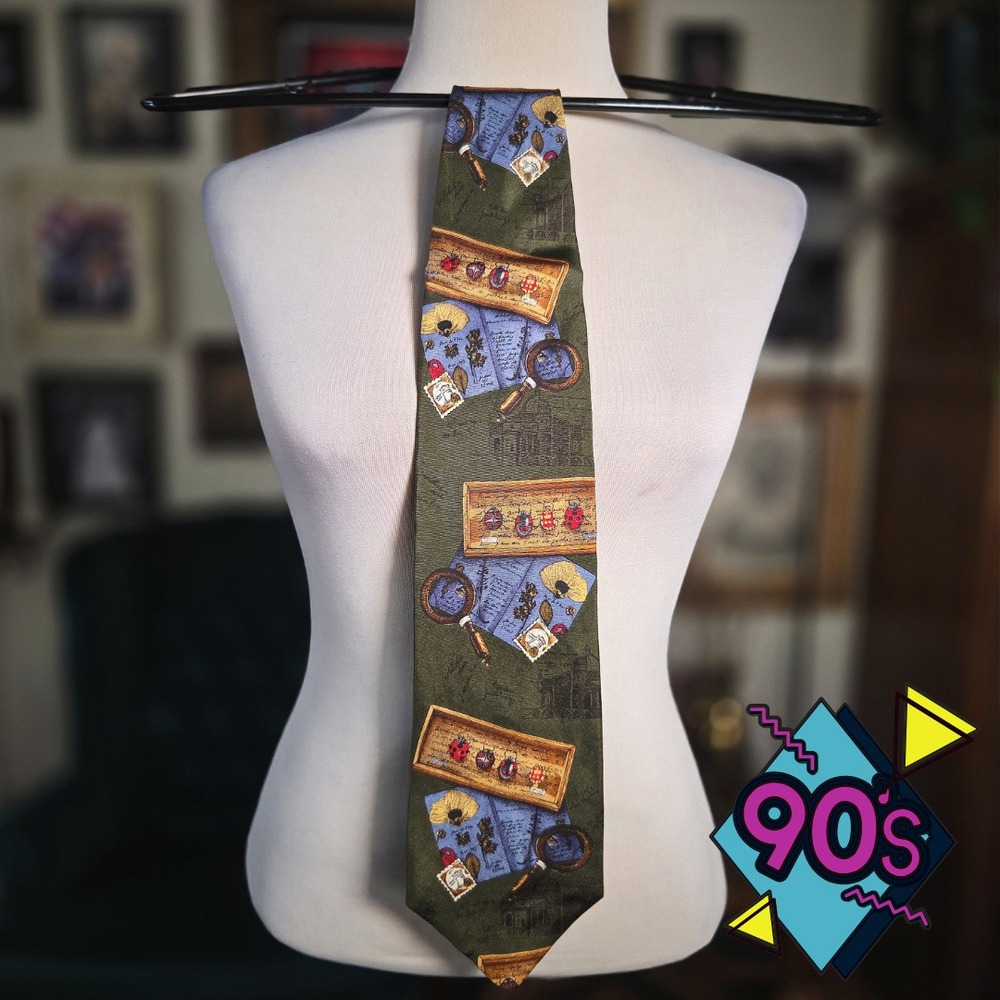 Structure Silk Tie Vintage 90s Entomology Ladybug Magnifying Glass Green USA NOS
